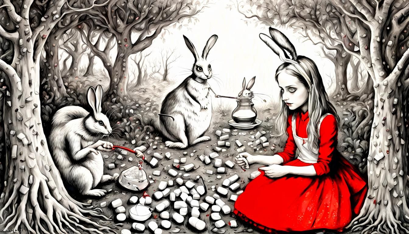 Hyperdetailed Charcoal Drawing of Oversized Alice in Red