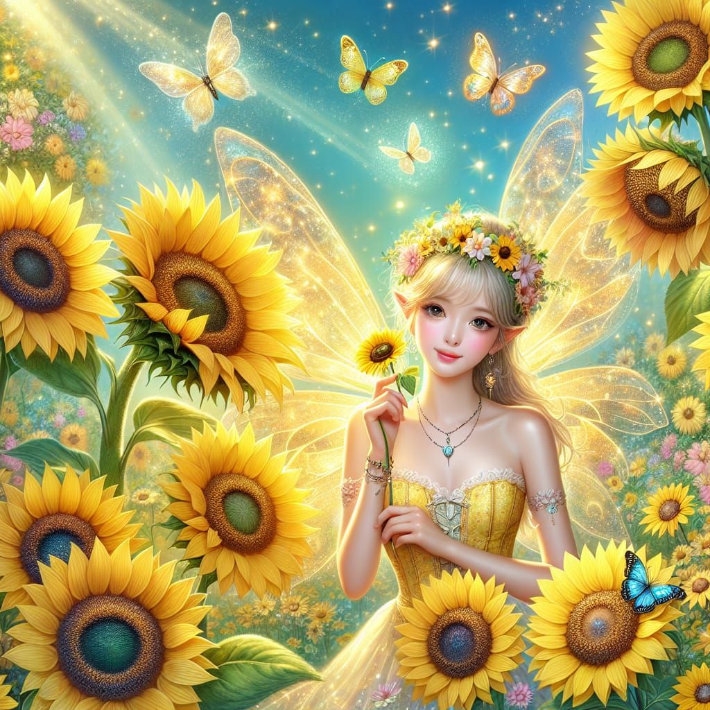 Sunflower Fairy in a Magical Fantasy Scene