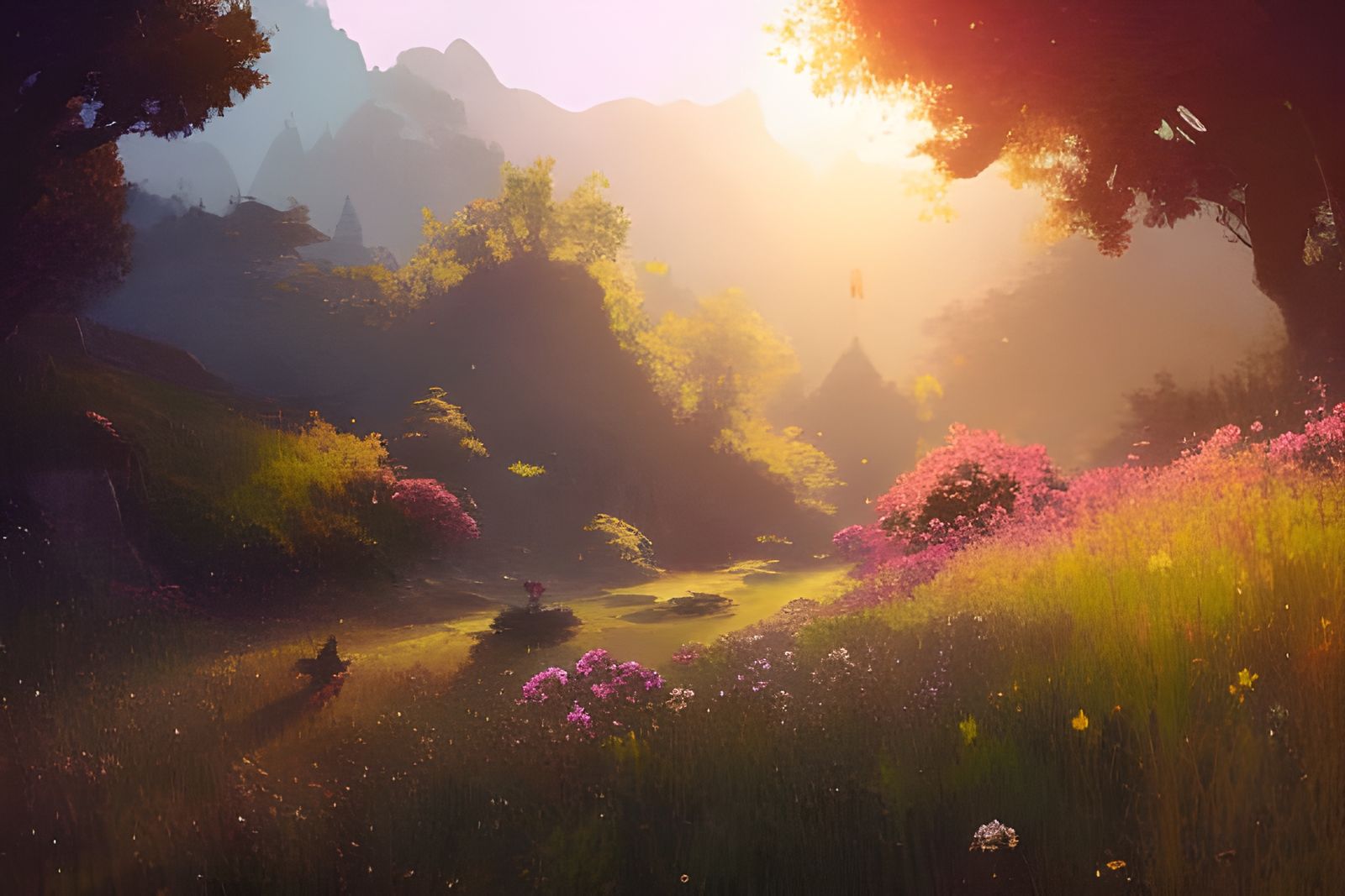 Lush Valley Concept Art in Art Nouveau Style