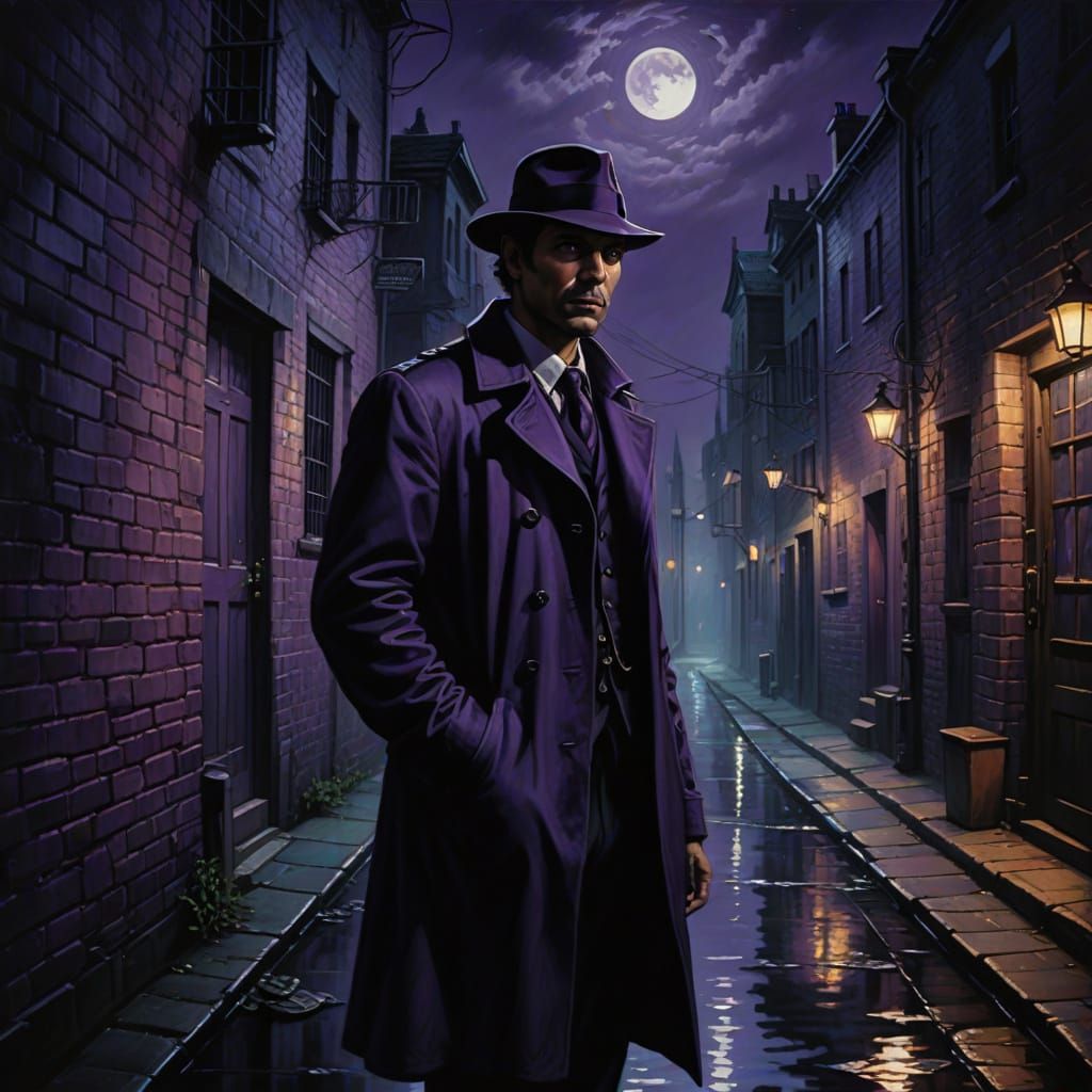 Gothic Detective in Moonlit Alleyway