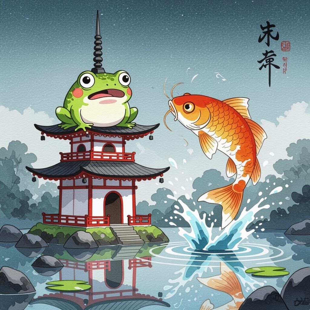 Surprised Frog on Floating Pagoda: Japanese Ink Wash Art