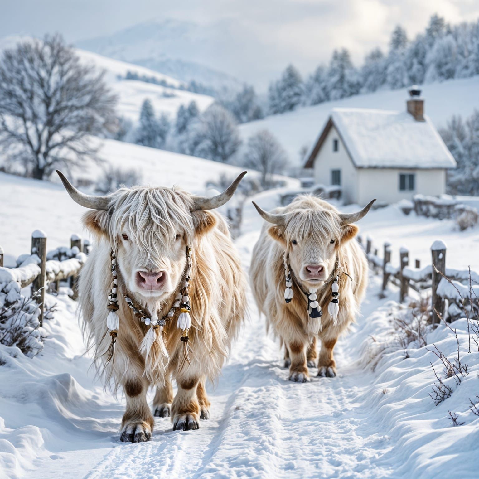 Albino Highland Cows with Braids in Winter