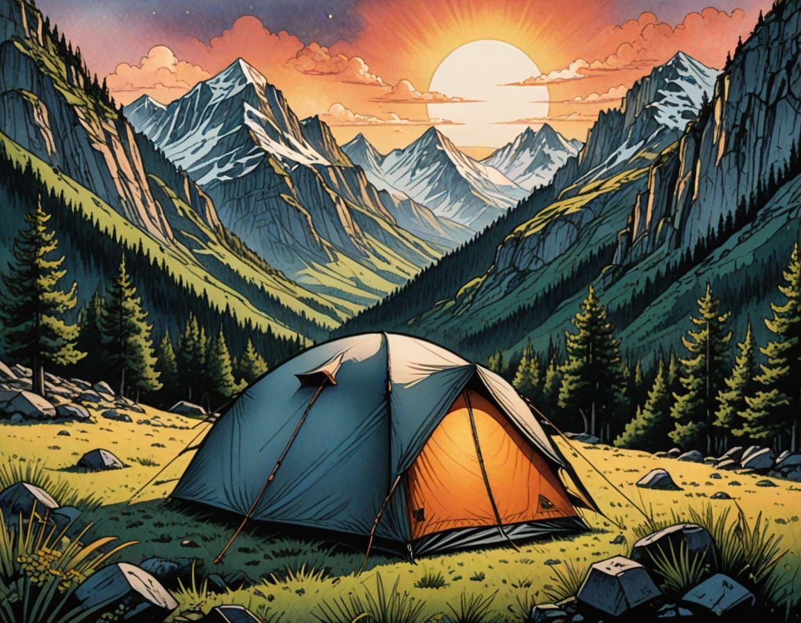 Mountain Tent: Watercolor Sketch with Black Pen Contours