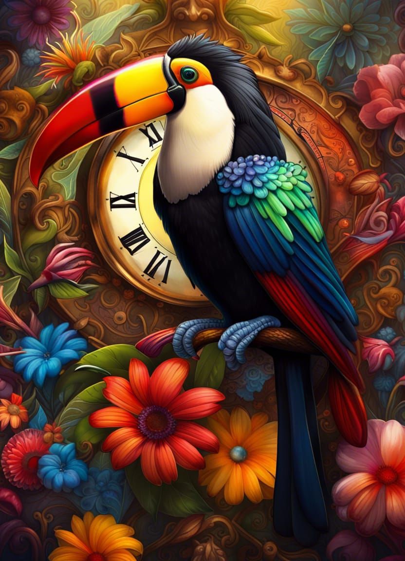 Colorful Toucan with Flowers and Clocks