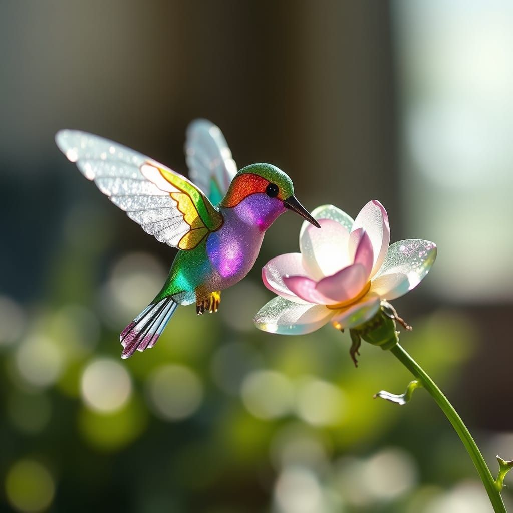 Sea Glass Hummingbird Sipping Nectar from Flower