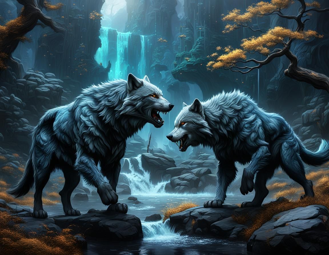 Detailed Wolves Matte Painting in Fantasy Landscape