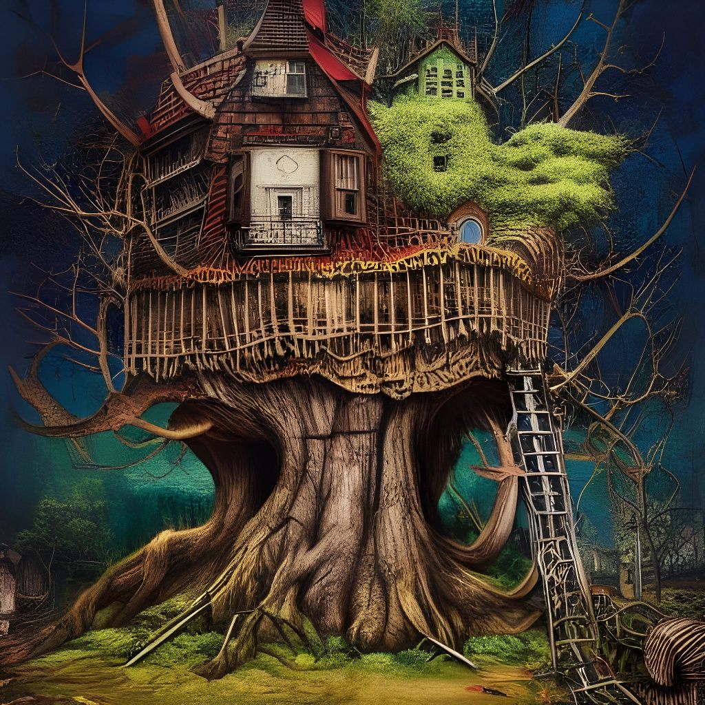 Treehouse in Tree Stump: Vivid Mixed Media Illustration