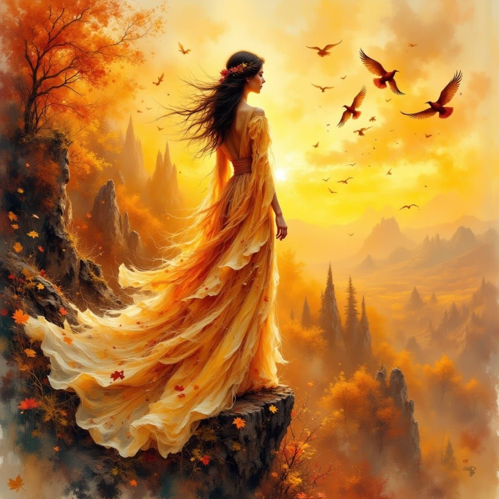 Woman on Cliff at Golden Sunset, Grunge Watercolor Style