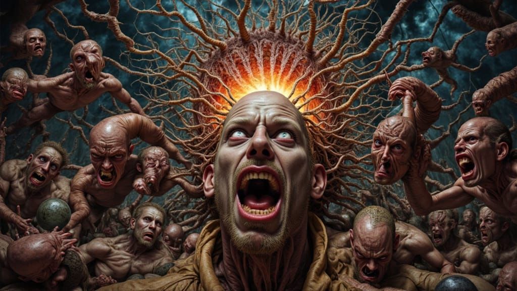 Surreal Mindscape: Faces and Hands in Chaotic Digital Art