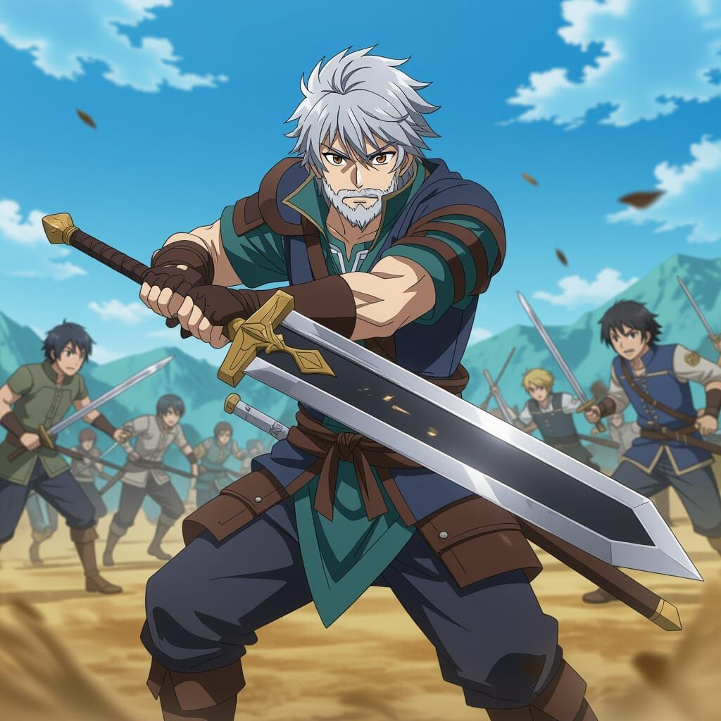 Anime Warrior Wields Sword on Battlefield
