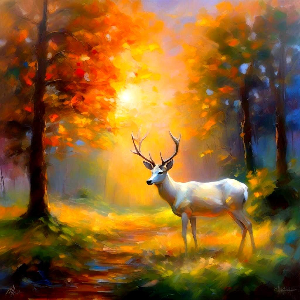 A Glowing White Stag in a Vibrant Impressionist Forest Glade