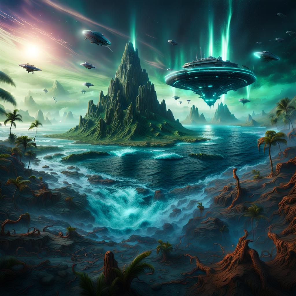 Alien Landing in Bermuda Triangle: Detailed Matte Painting
