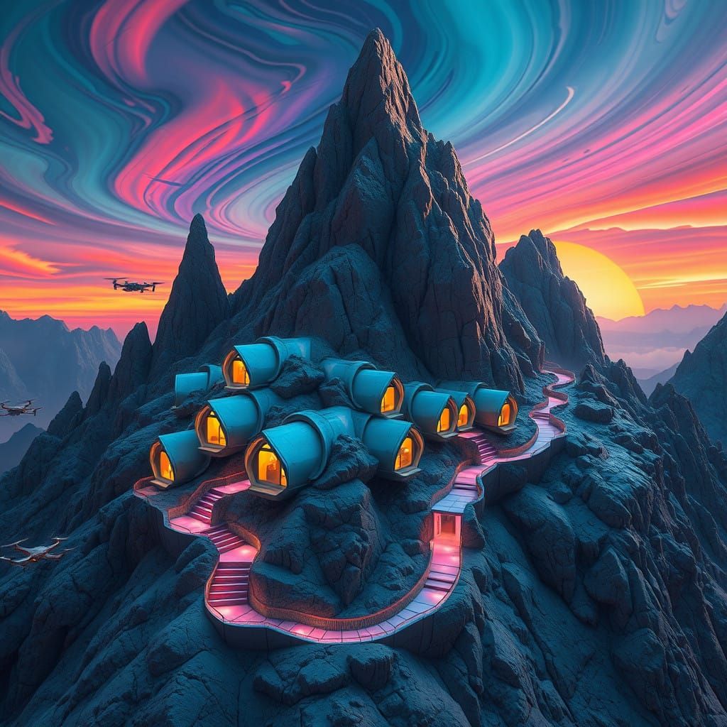 Futuristic Homes Amidst a Distant Mountain on a Glowing Irid...