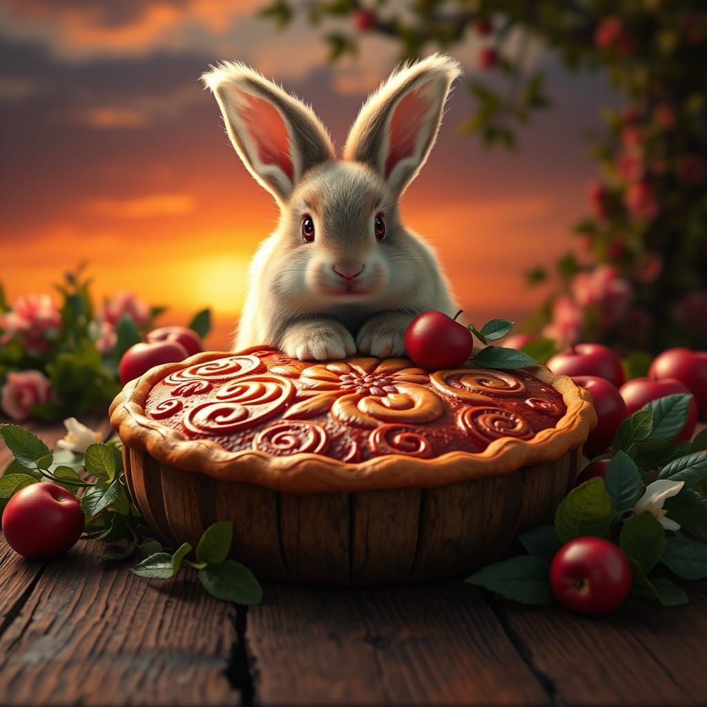 Majestic Bunny Surrounded by Whimsical Apple Pie in Sunset L...
