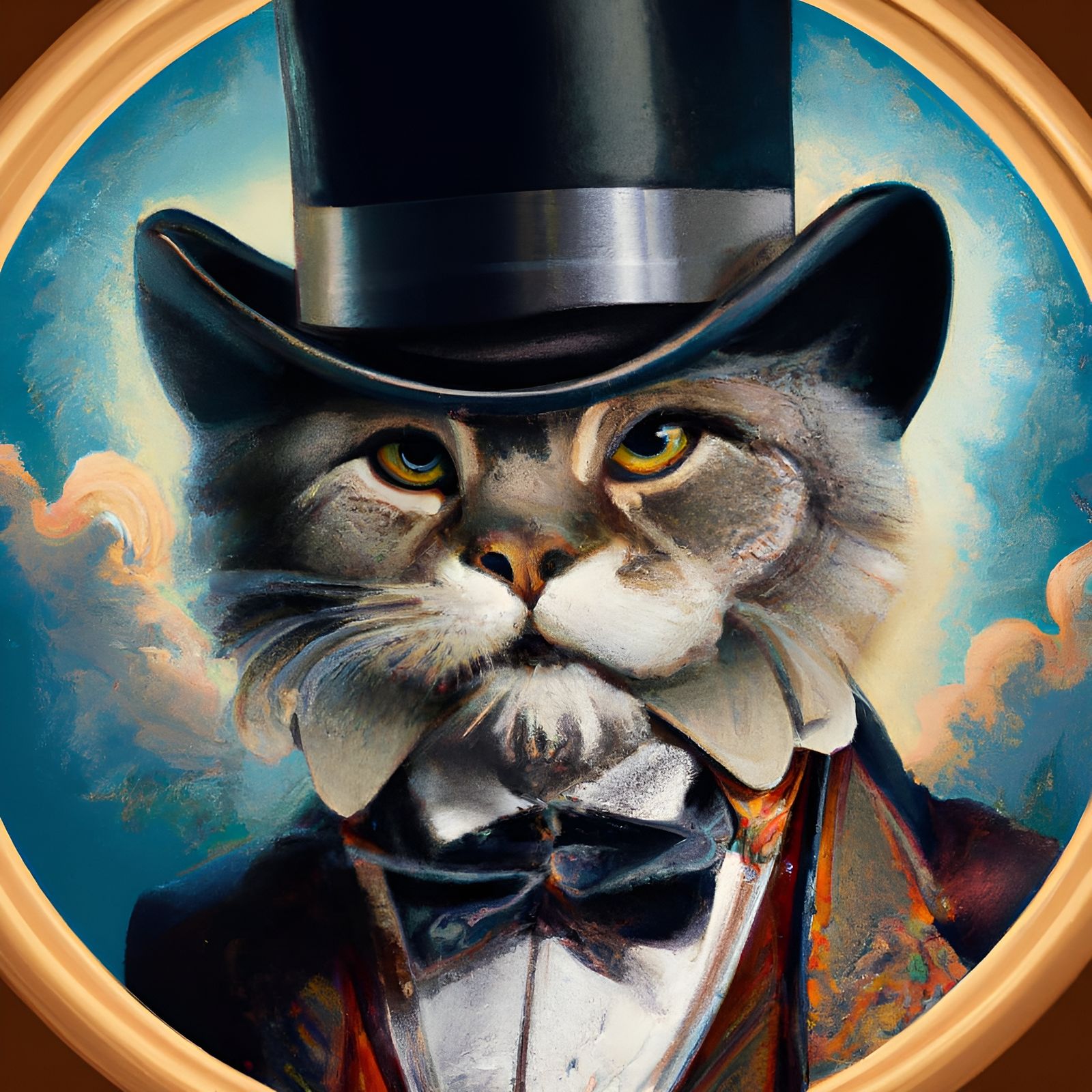 Cat in an old fashioned top hat and tuxedo
