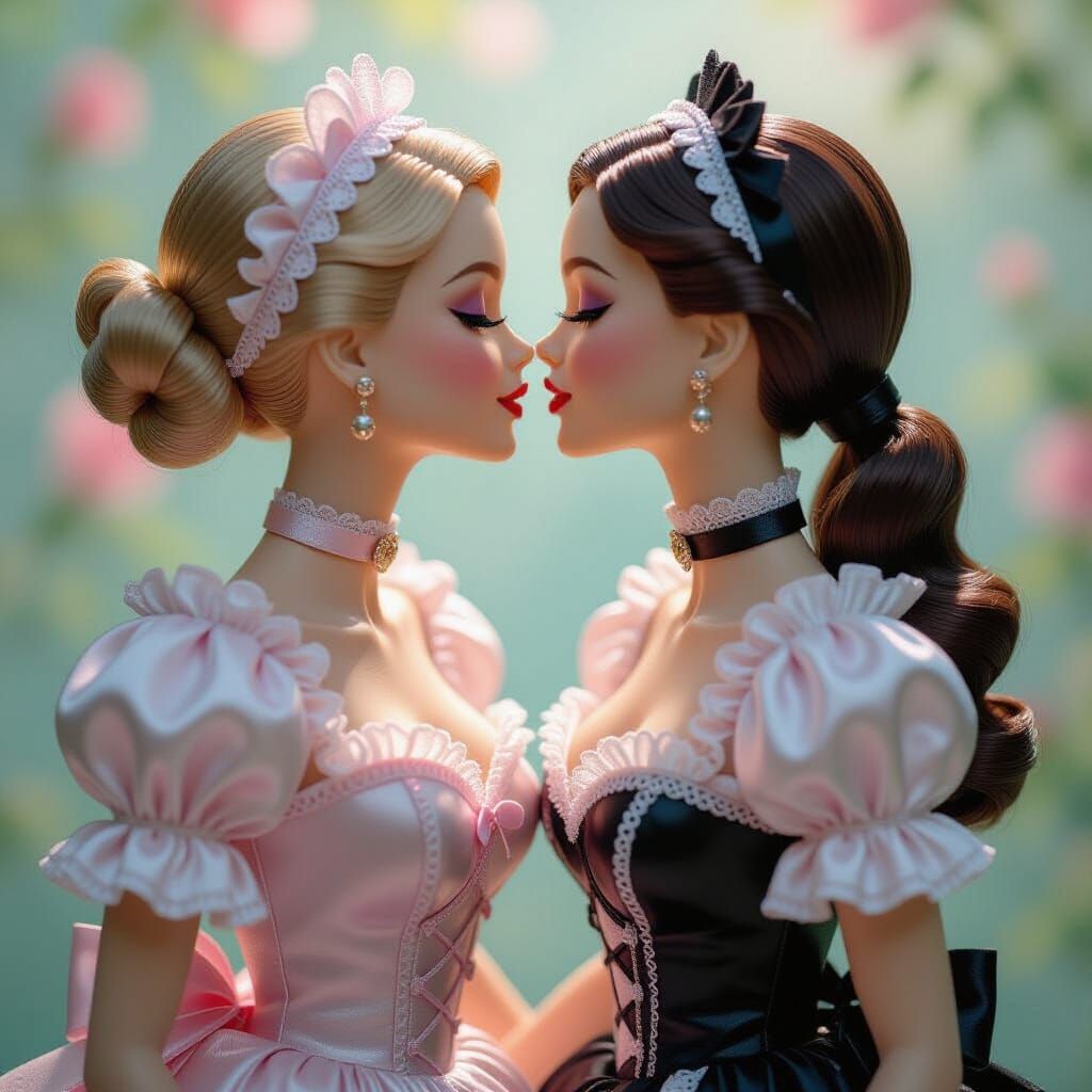 Barbie Dolls Kiss in Art Nouveau Comic Style