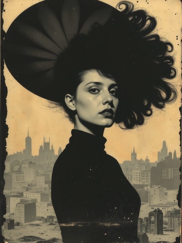 Woman in Exuberant Hat with Whirling Hair