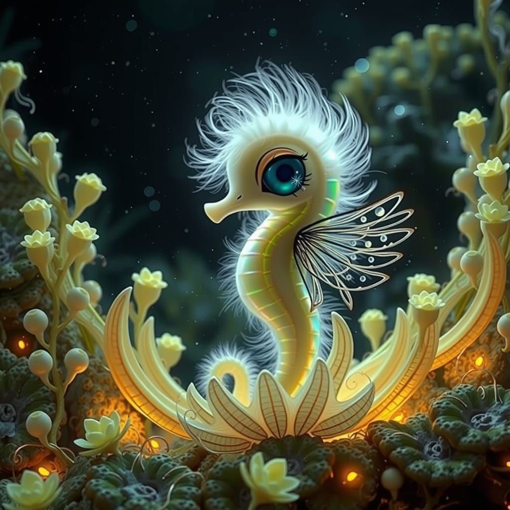 Iridescent Seahorse in Crystalline Cave