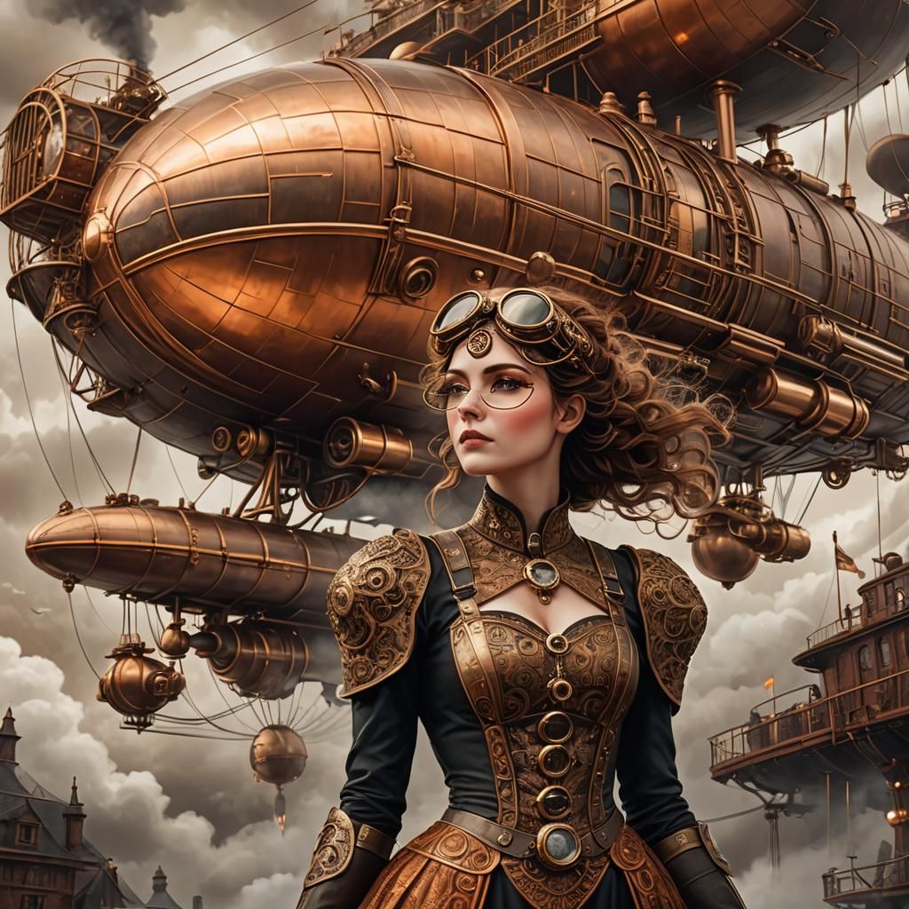 Steampunk Girl with Zeppelin in Jules Verne Style