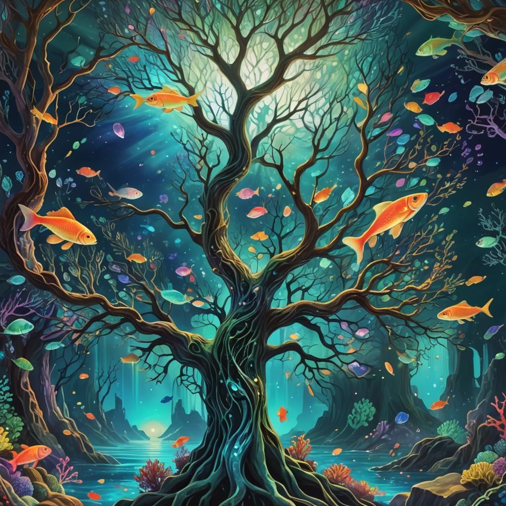 Holographic Cosmic Sea Scene with Glowing Fish