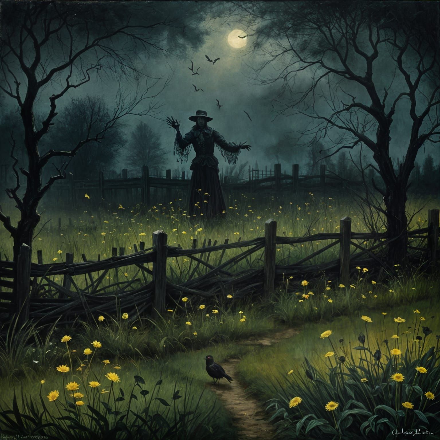 Eerie Garden at Night in Velvet Painting Style