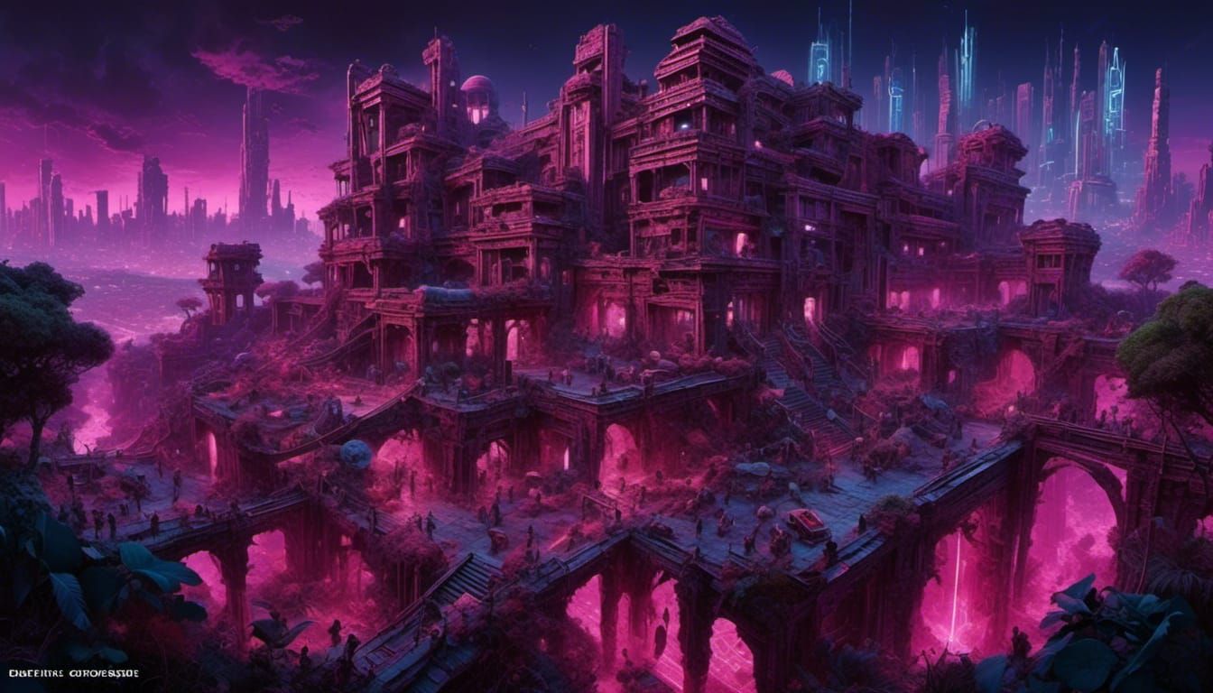 Neon Cyberpunk Babylon with Tower of Babel