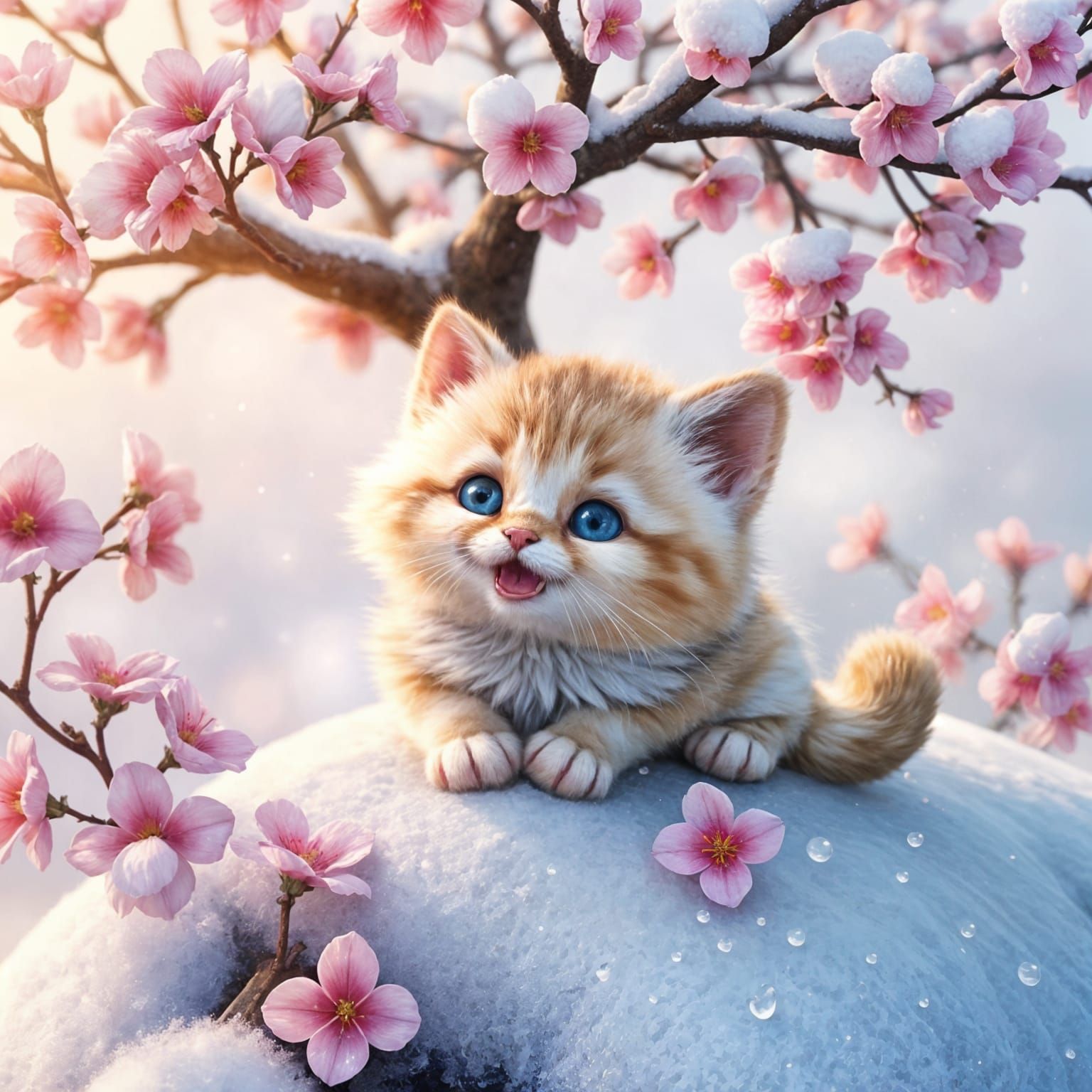 Adorable Cartoon Kitten Plays in Snowy Garden