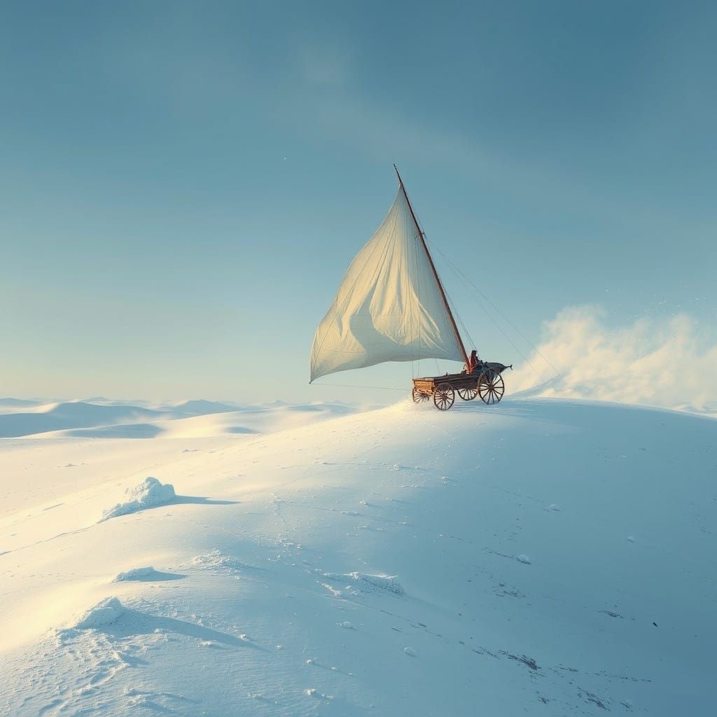 Surreal Snowscape: Chariot Soars Across Frozen Dunes in Cybe...