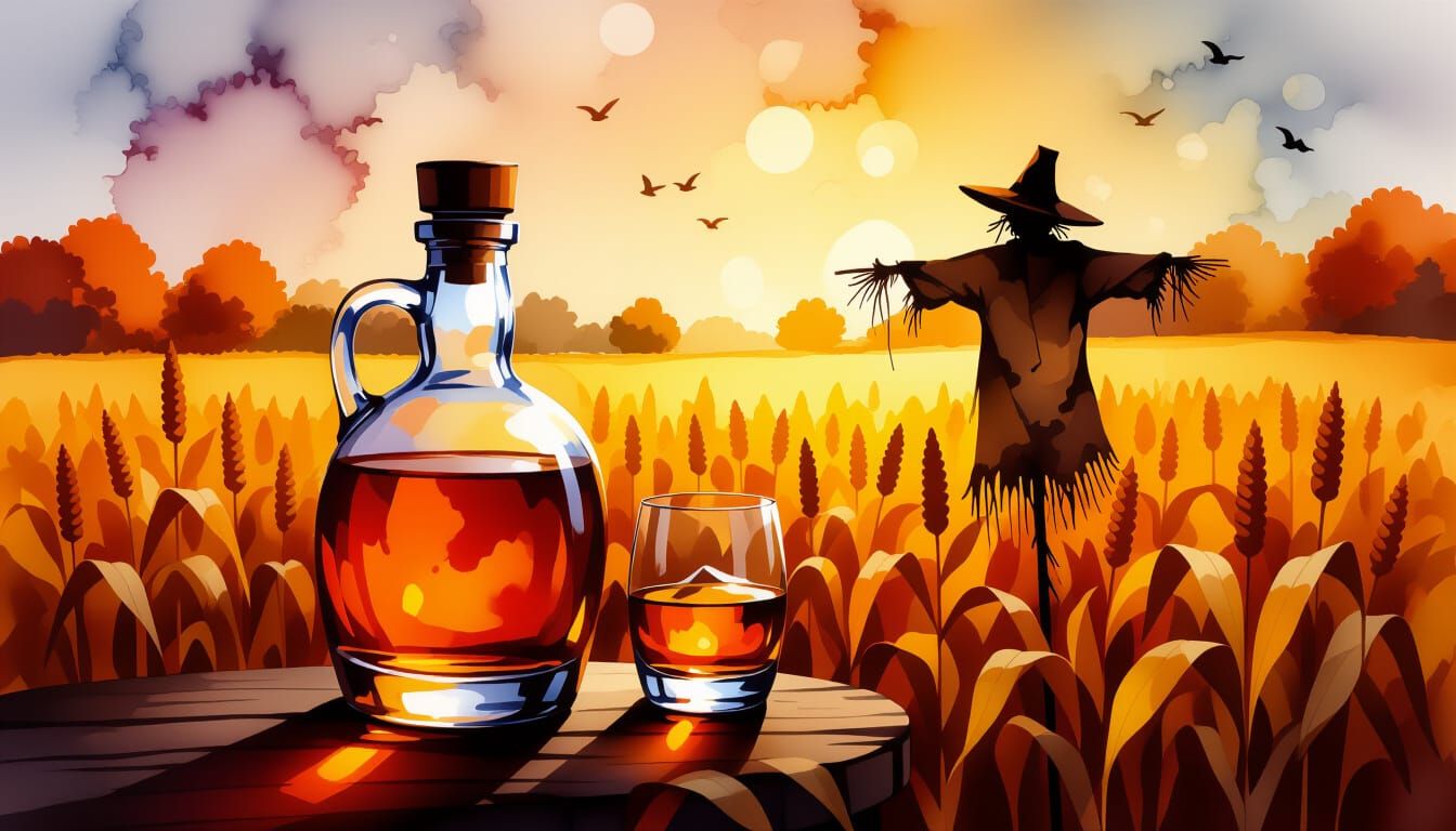 Alcohol Ink Painting of Whisky Jug in Autumn Cornfield with ...