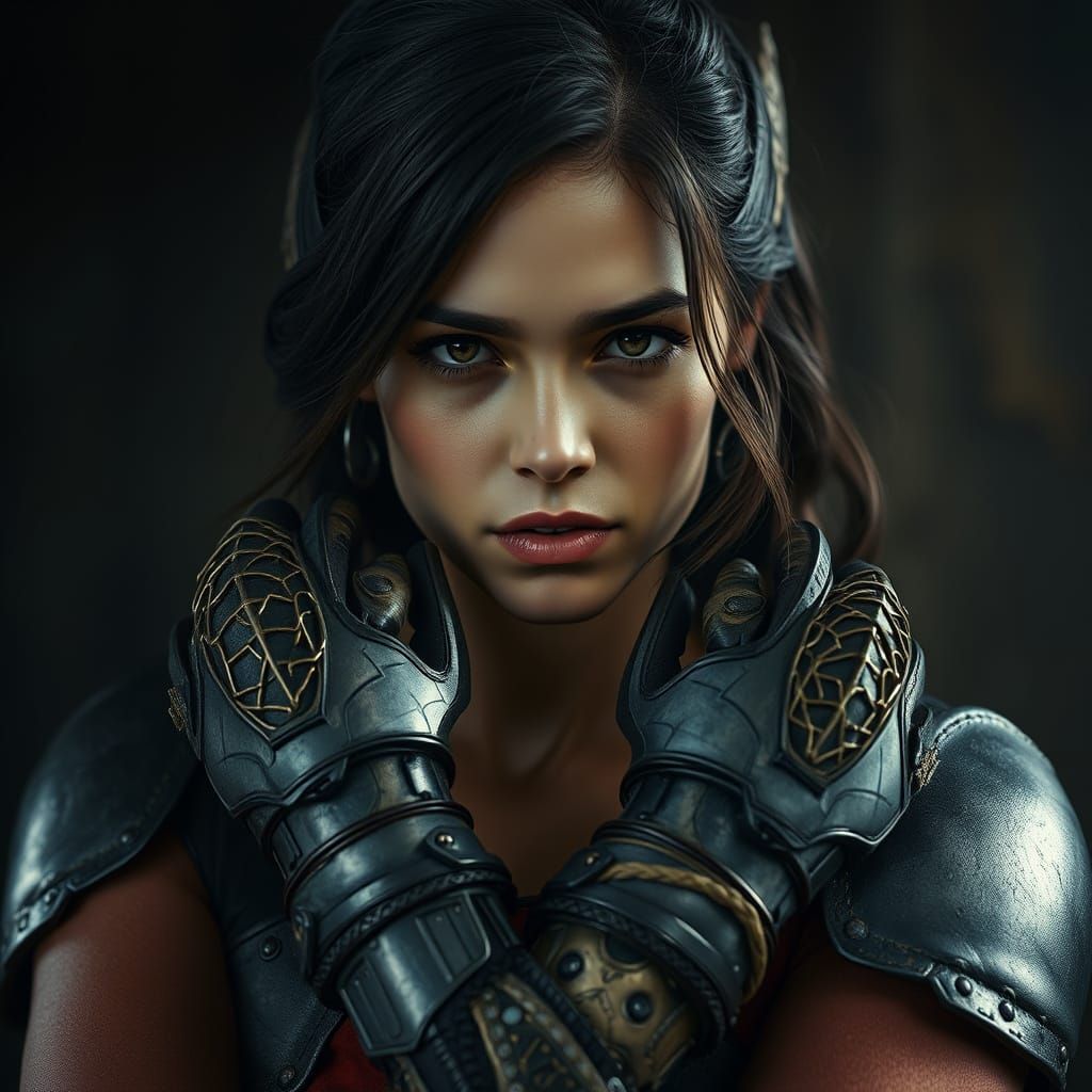 Woman with Steel Gauntlets in Photorealistic Style
