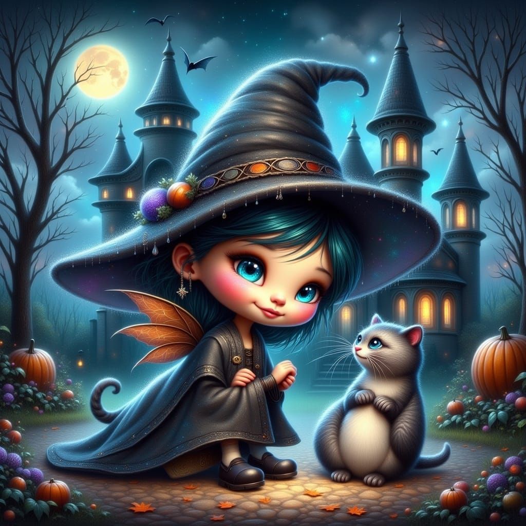 Halloween Night: Witch, Cat, and Haunted House