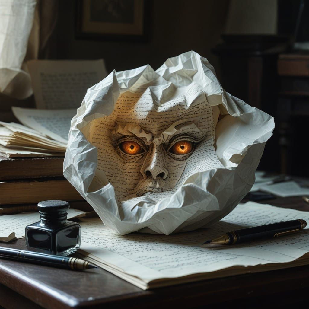 Crumpled Paper Sheet with Glowing Eyes in a Surreal Writing ...
