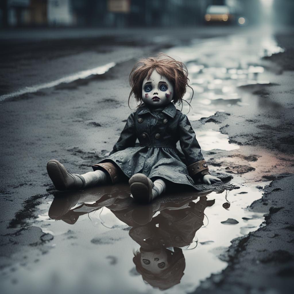 Broken Doll in Rainy Street: Watercolor Concept Art
