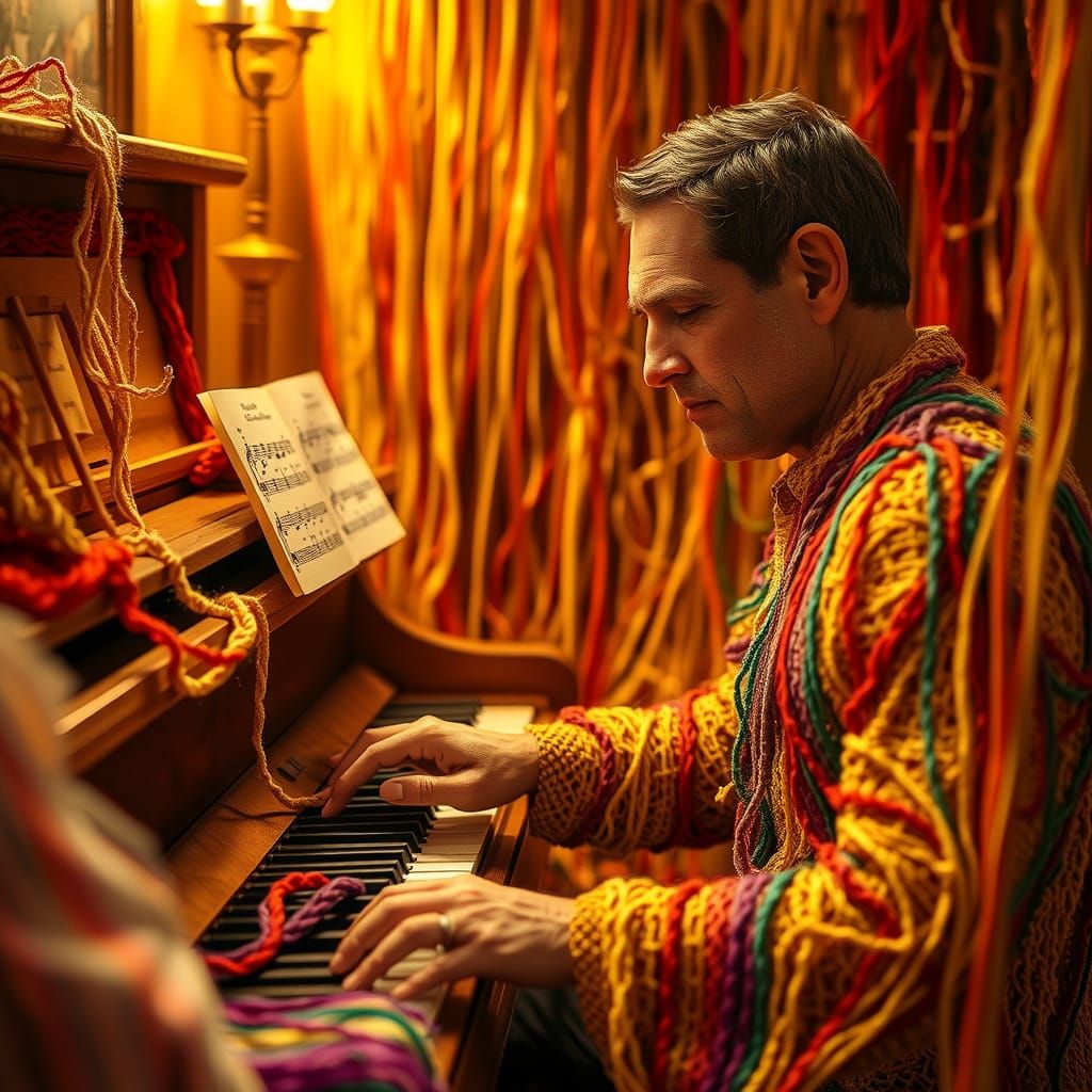 Yarn Art: Man at Piano in Golden Light