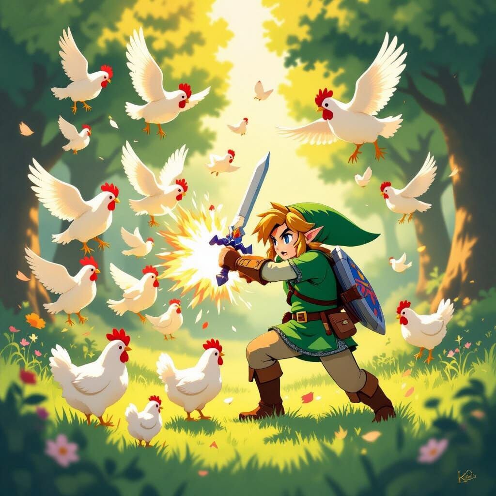Link Attacked by Swarm of Chickens in Studio Ghibli Style