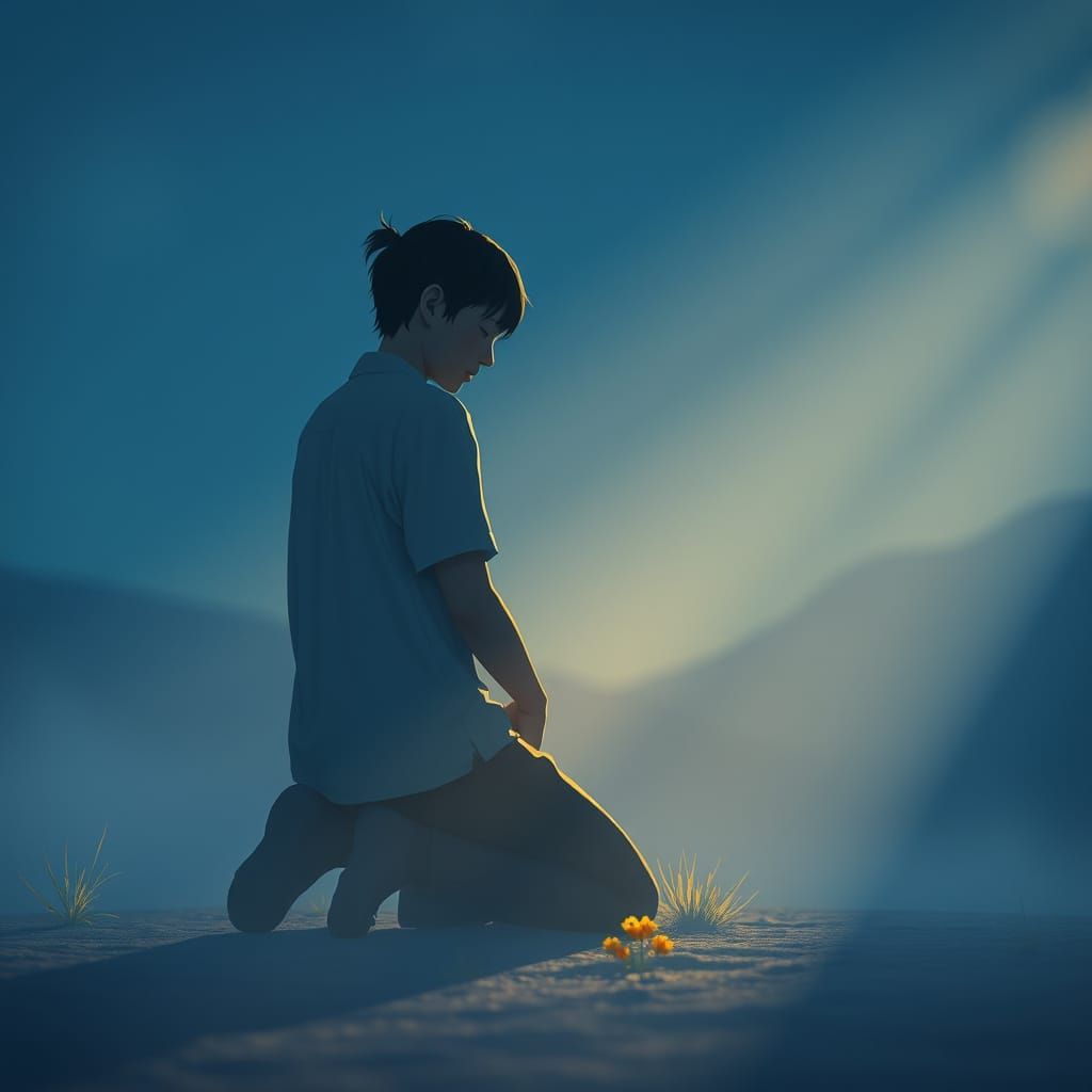 Contemplative Kneeling Figure in Gentle Light