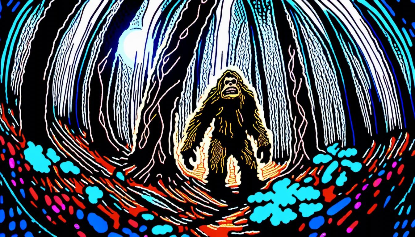 Eldritch Sasquatch Stares in Psychedelic Forest