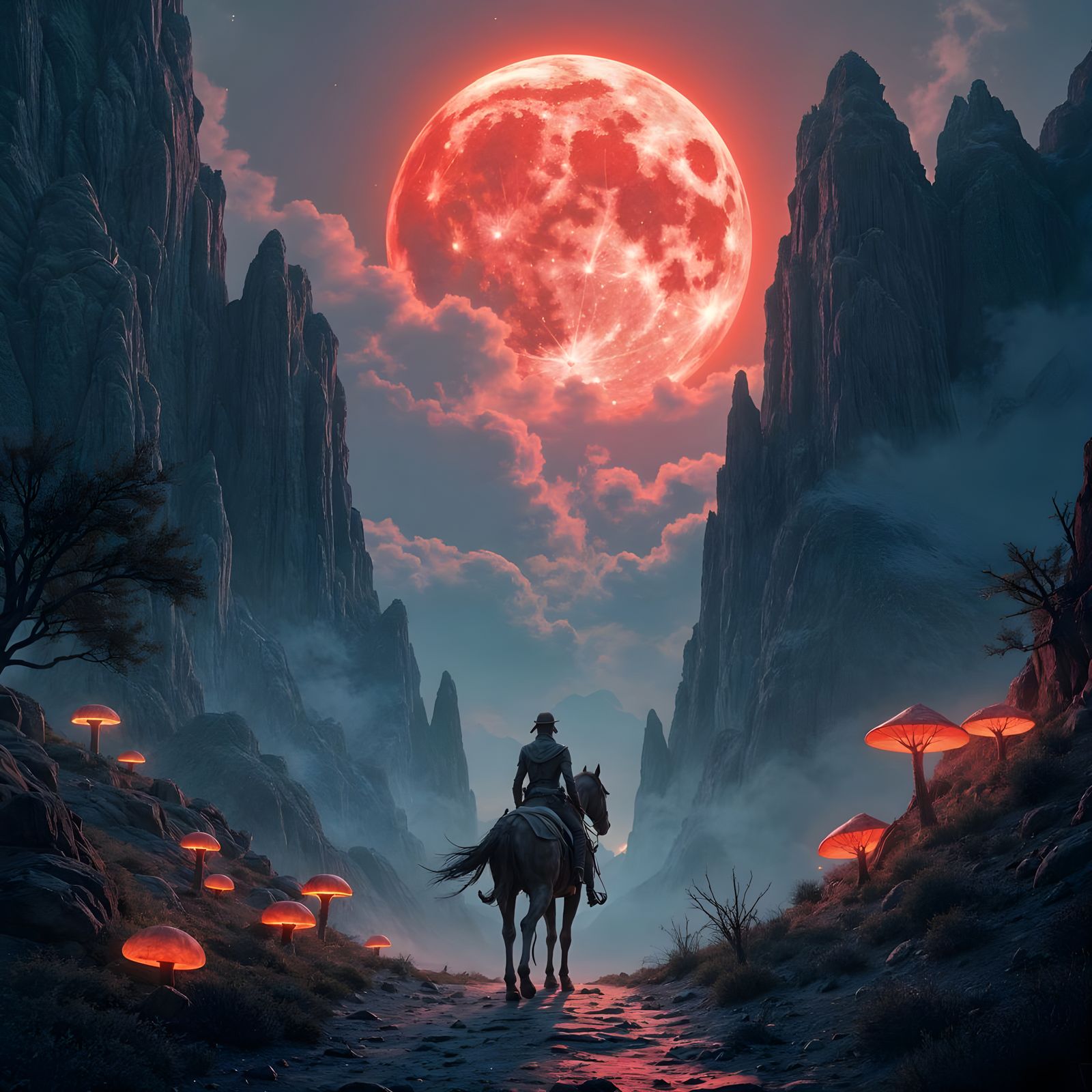Red Moonlit Path: Warrior Beckons in the Night