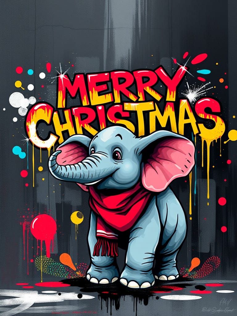 Little Elephant Blows Out Merry Christmas Graffiti in Street...