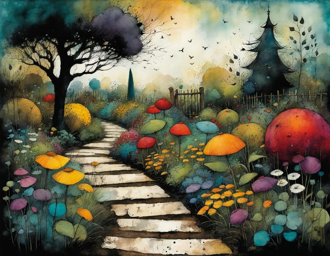 Crooked Garden Path: Gritty Watercolor Fantasy Art