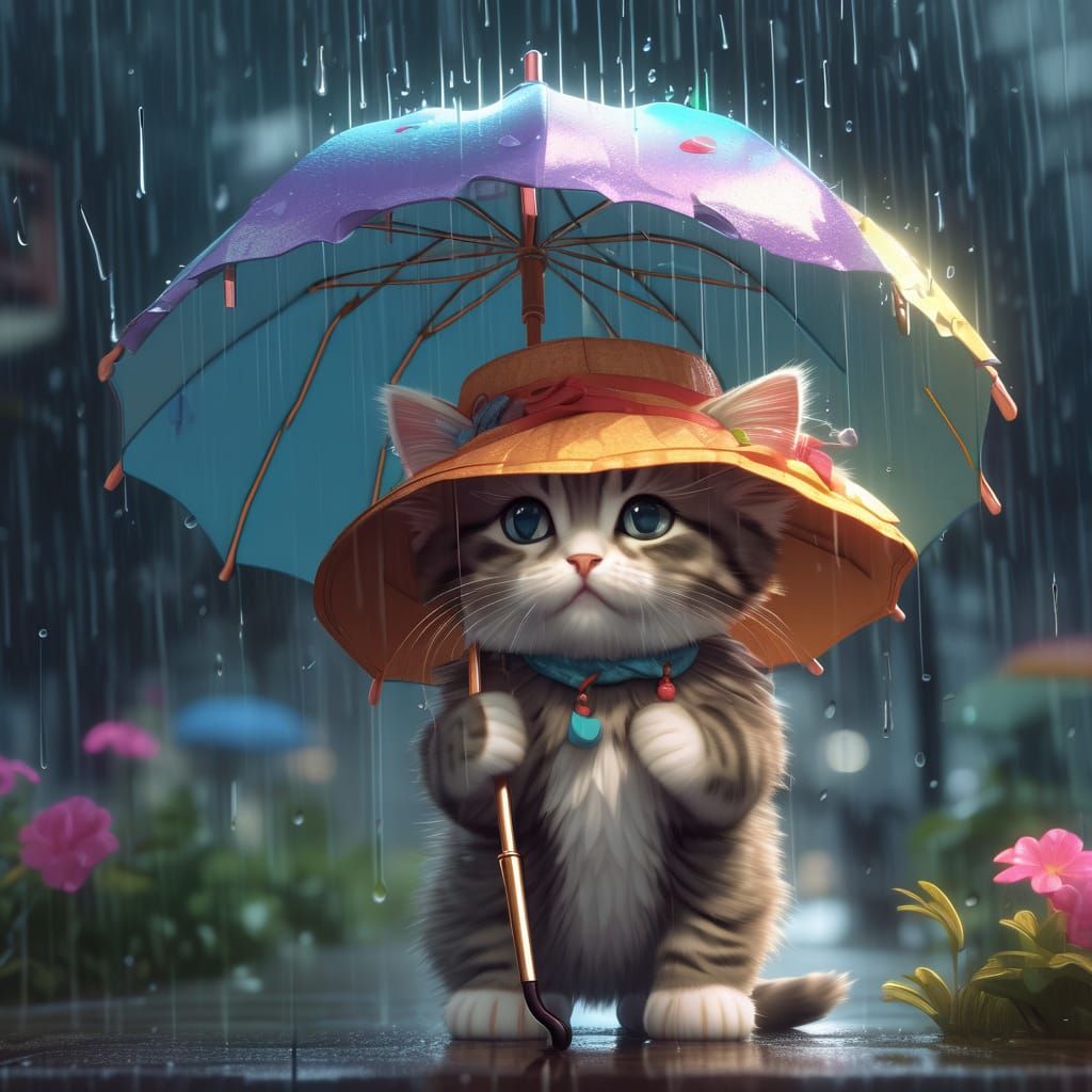 Kitten Portrait with Sun Hat, Digital Art