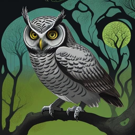 Wise Old Owl in Abstract Forest