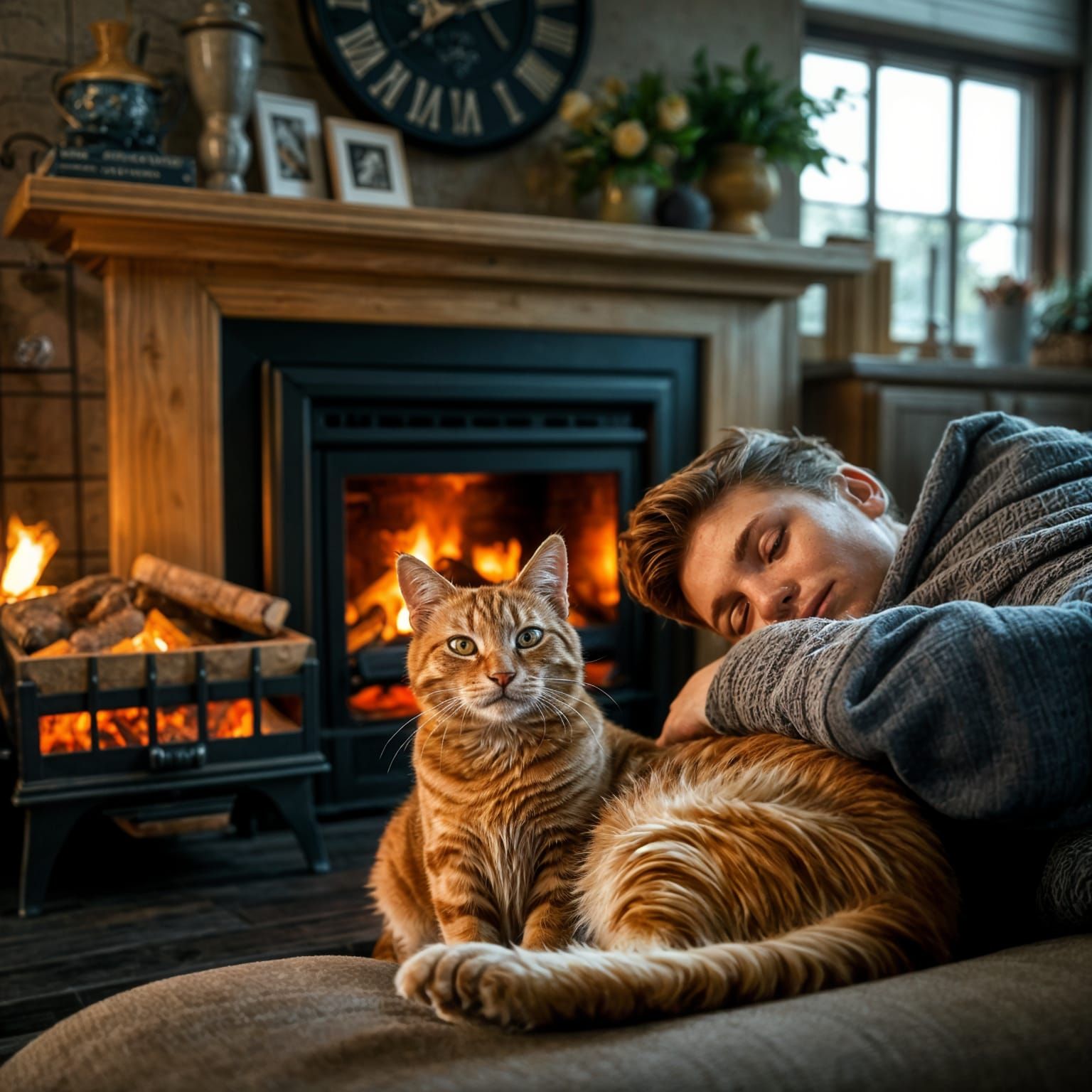 Ginger tabby cat seems perplexed that the log basket next to the roaring log fire seems to be *afire* itself!