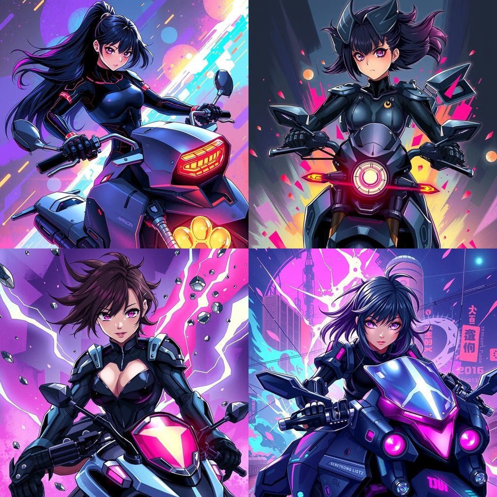 Anime Cyborg Woman on Hoverbike in Digital Art Style