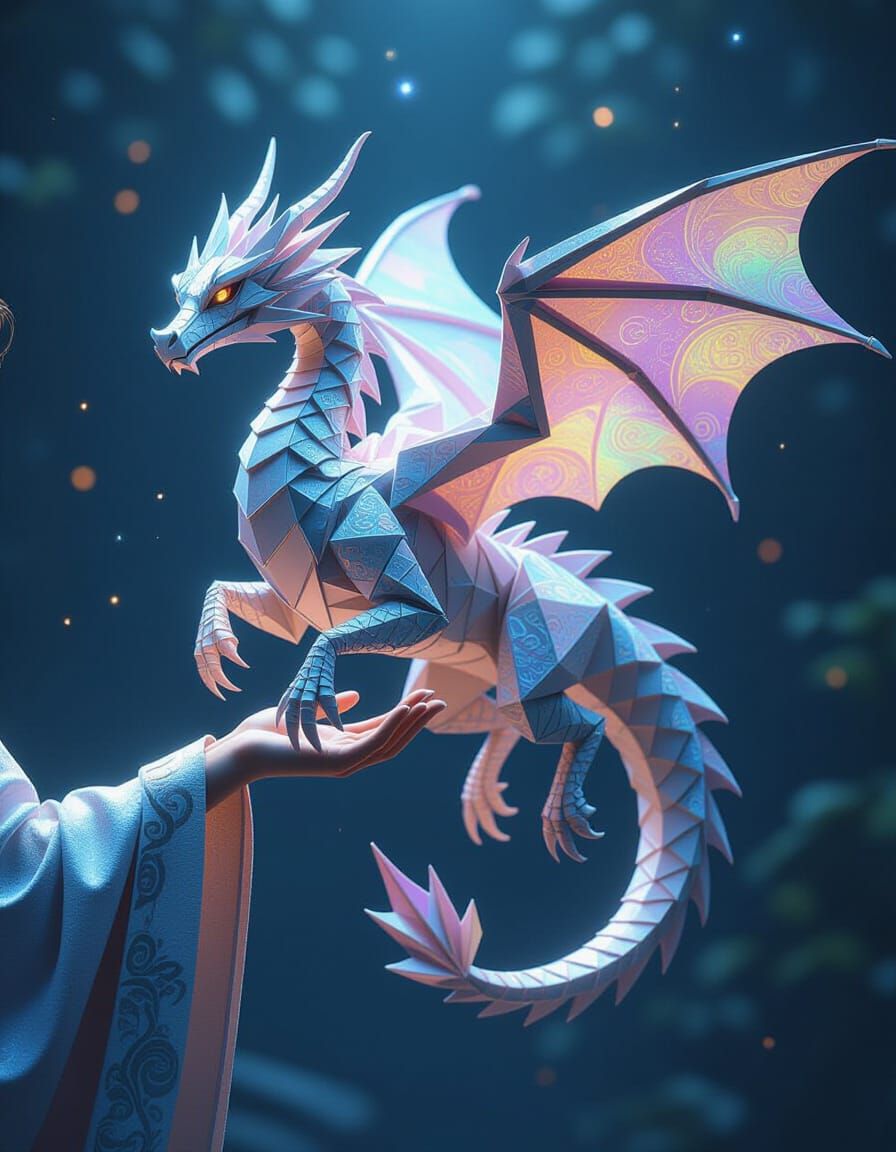 Shimmering Origami Dragon Ascends in Digital Painting