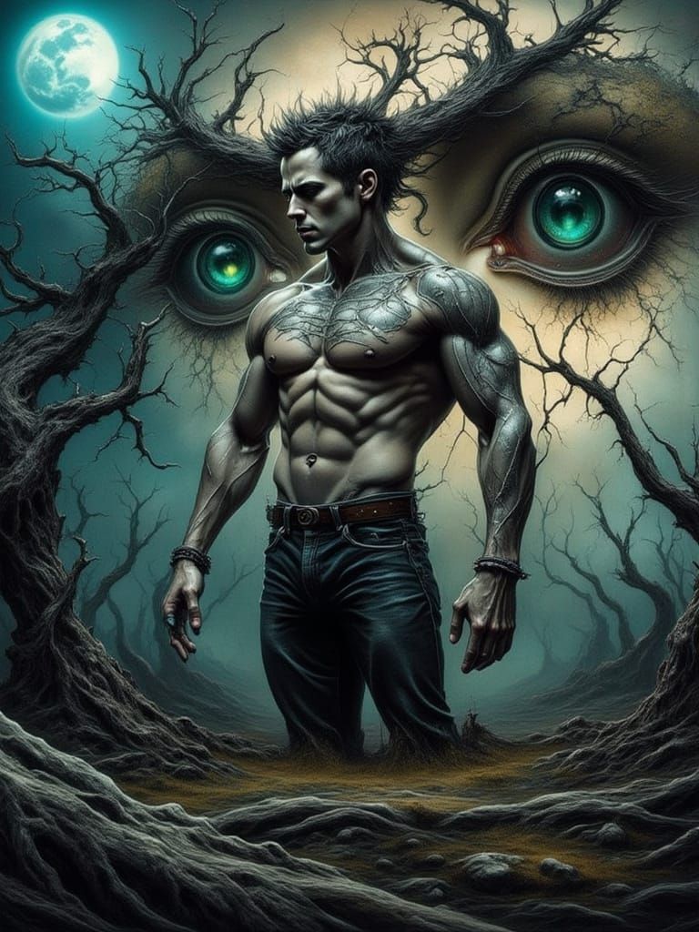 Athletic Man with Eldritch Lighting and Fractal Landscape