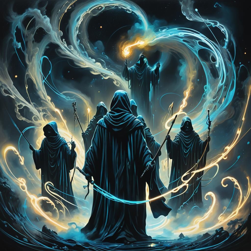 Neon Maelstrom: Sci-Fi Robed Figures in Cyberpunk Style