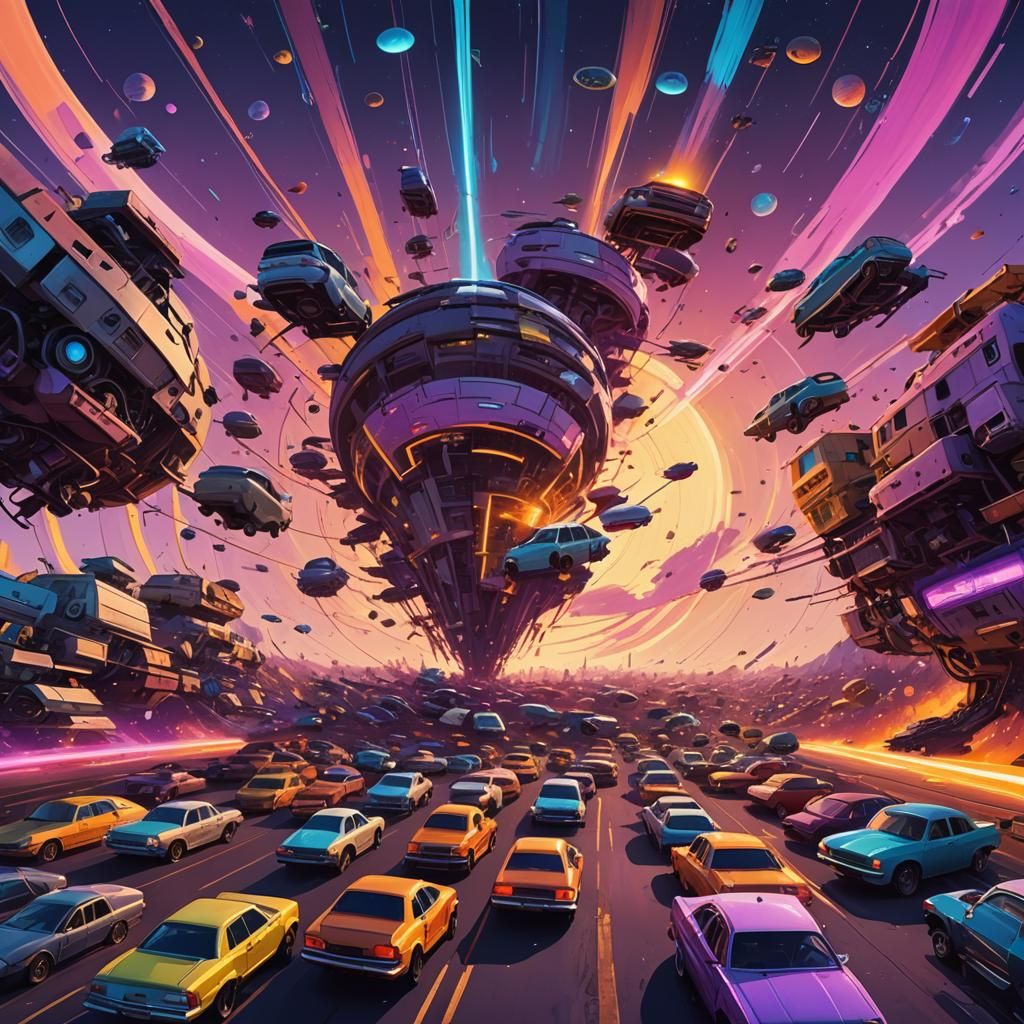 Cars Orbiting Earth: A Surreal Digital Art Concept