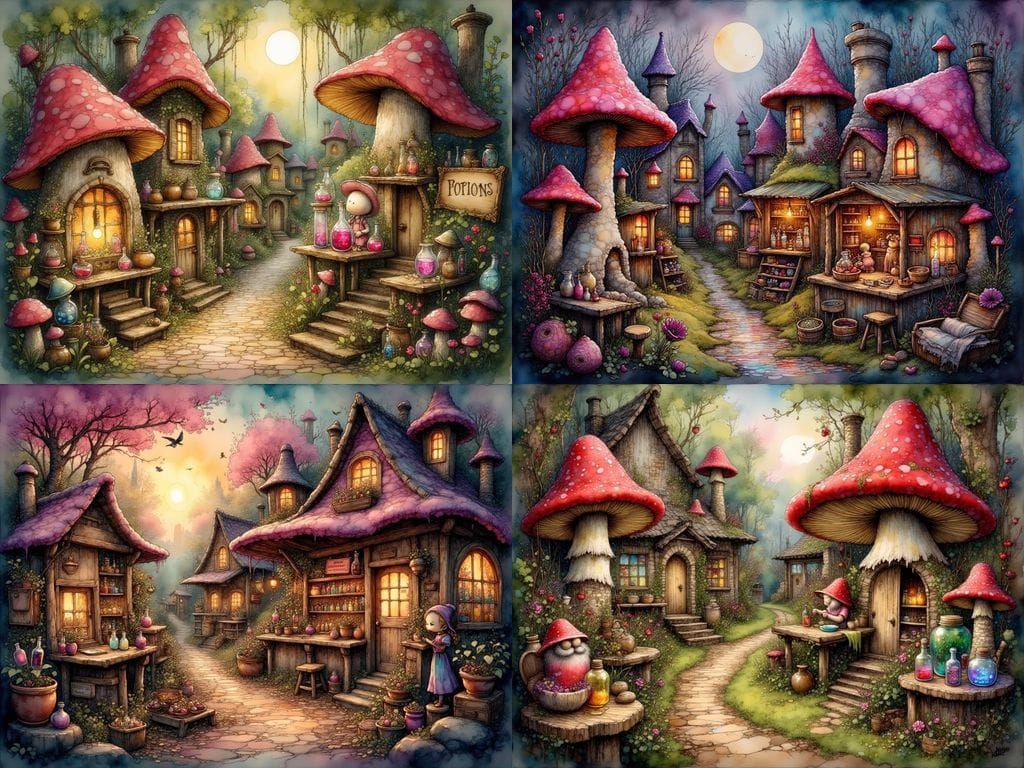 Mushroom Village with Potion Makers in Oil Painting Style