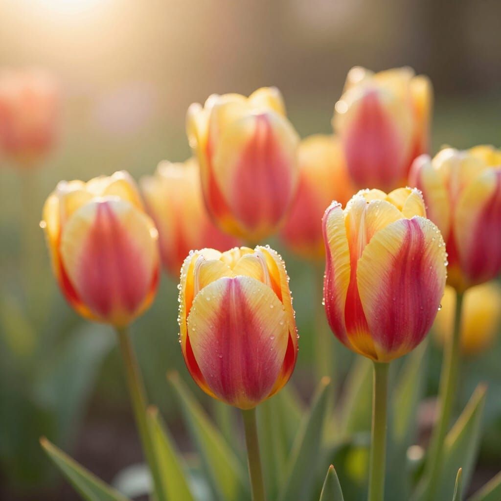 Golden Hour Tulip Bouquet with Glistening Dewdrops
